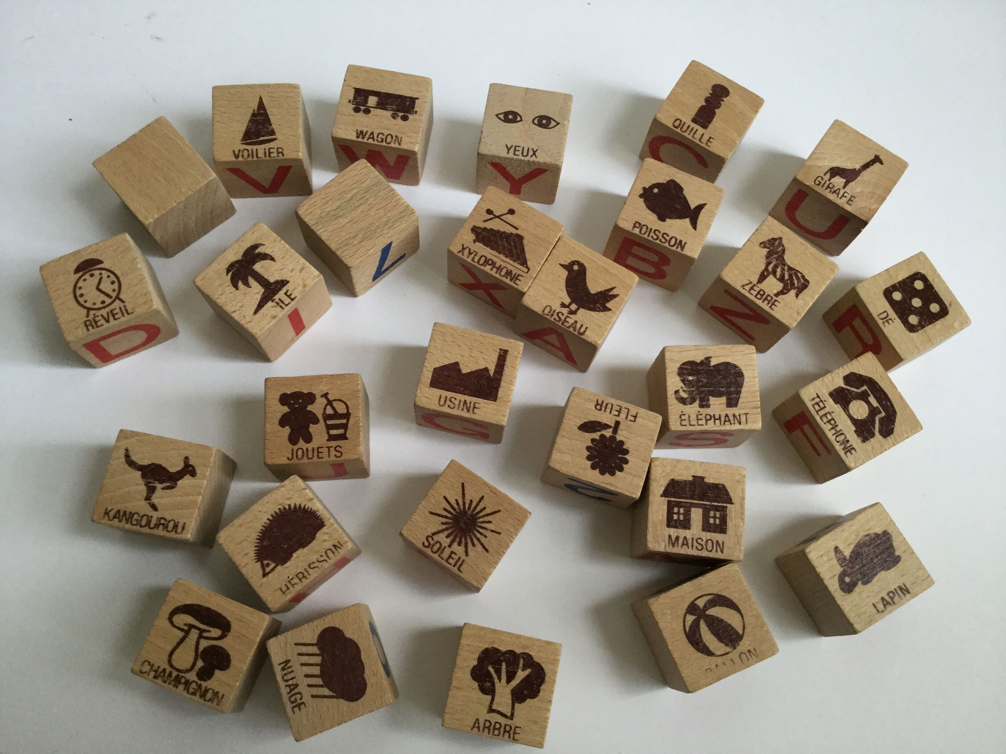 Ancient wooden toy cubes alphabet, figures and pictures