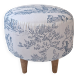 Pouf / Repose pieds vintage en toile de Jouy bleu
