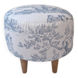 Pouf / Repose pieds vintage en toile de Jouy bleu