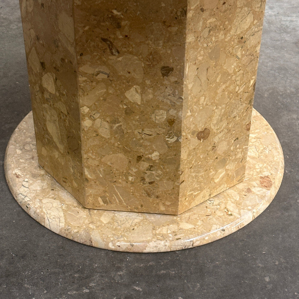 Round breccia marble pedestal table | 1980s vintage stone dining table | Postmodern
