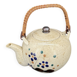 Vintage Japanese speckled stoneware teapot with bamboo handle