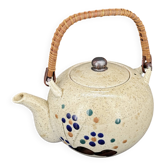 Vintage Japanese speckled stoneware teapot with bamboo handle