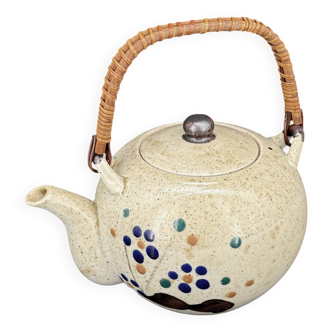 Théière japonaise vintage en grès moucheté à anse bambou