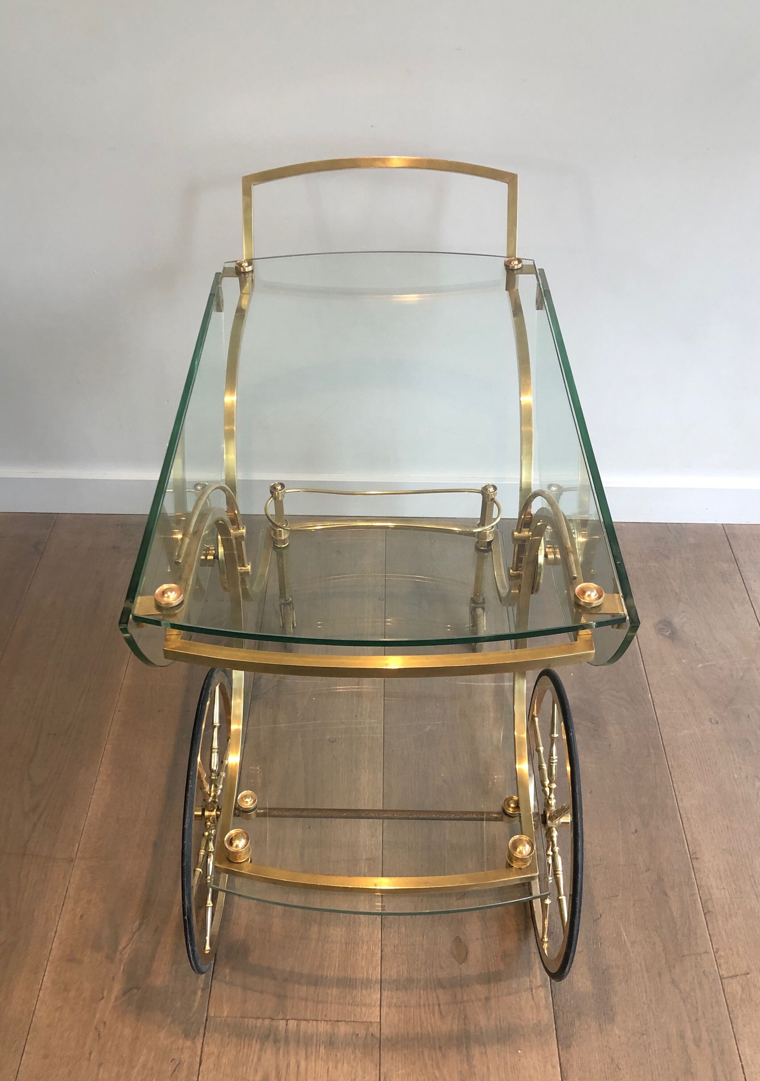 Neo classical style table in silver and gold metal and glass