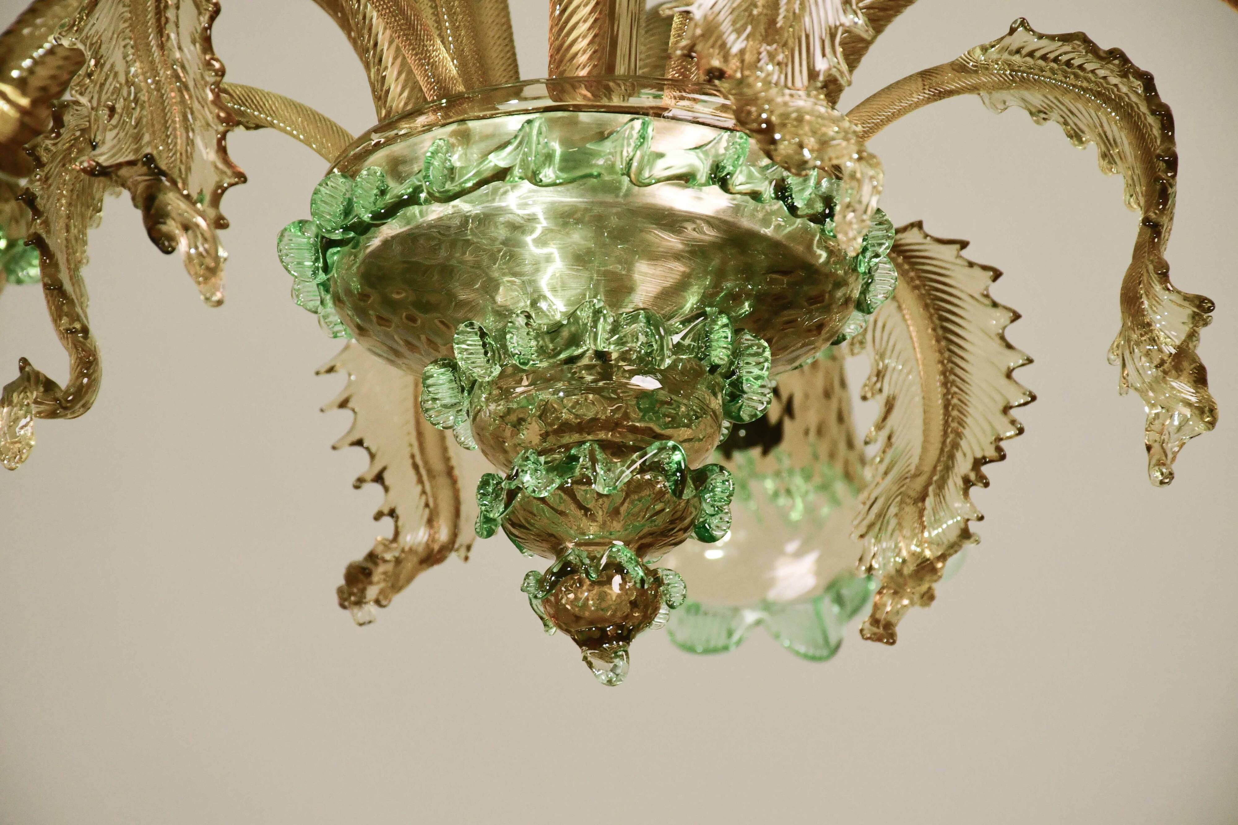 6 arms vintage Venetian chandelier, green Murano glass, 1950s