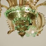 6 arms vintage Venetian chandelier, green Murano glass, 1950s