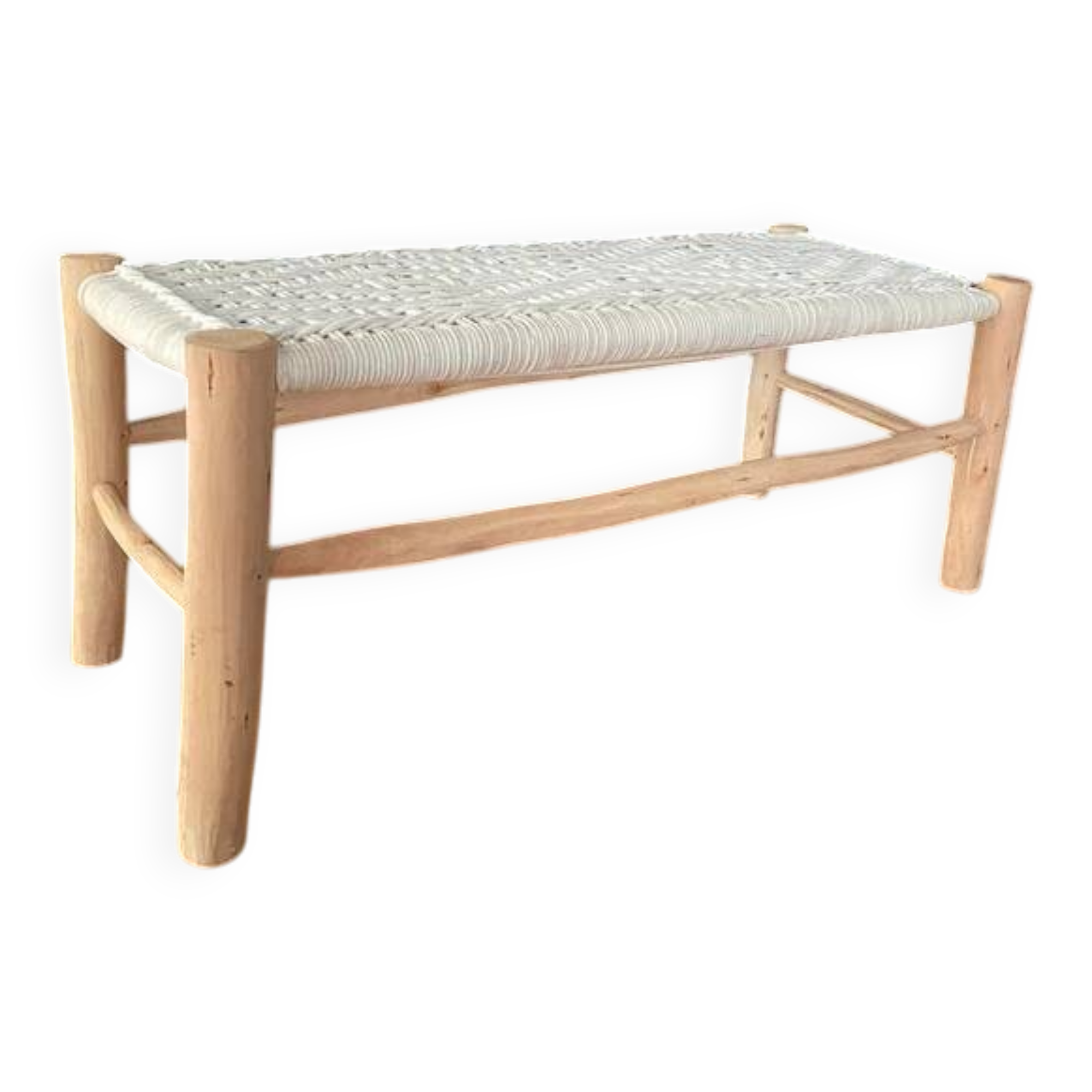 Handcrafted bench in woven raw wood and ecru cotton
