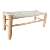 Handcrafted bench in woven raw wood and ecru cotton