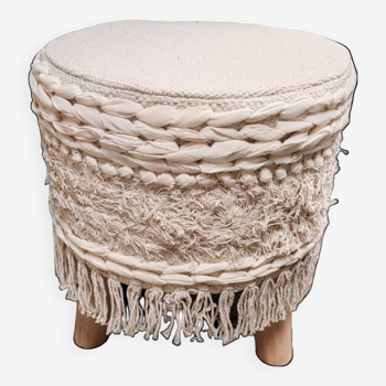 Wood and fabric pouf stool.