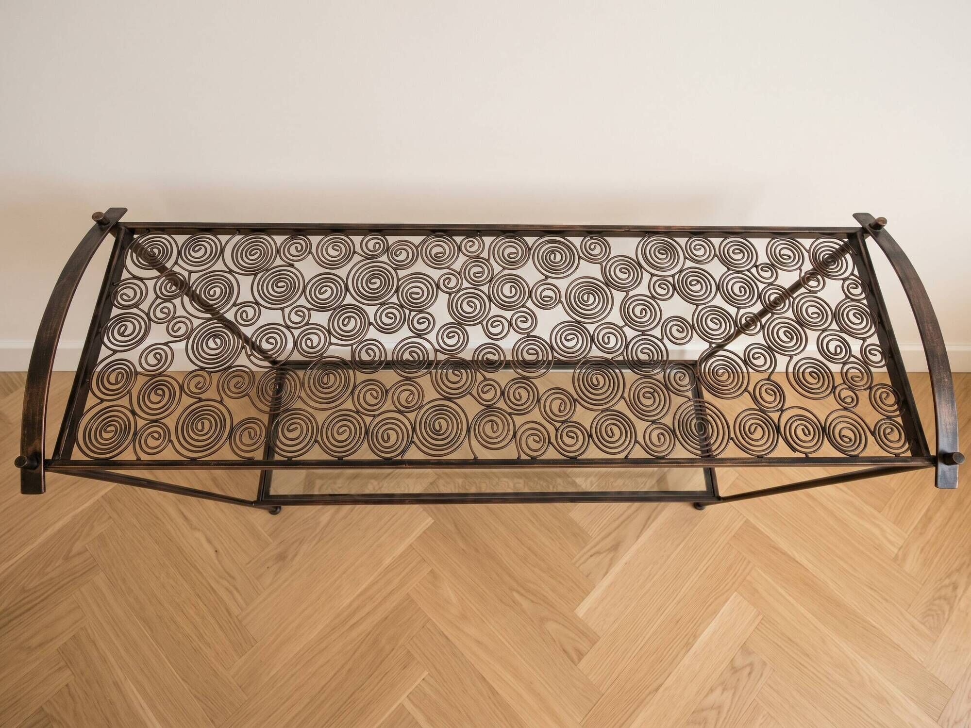 Wrought iron industrial console and glass tops