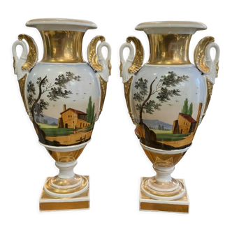Pair of baluster vases decorated with landscapes in porcelain of Paris Napoleon III era