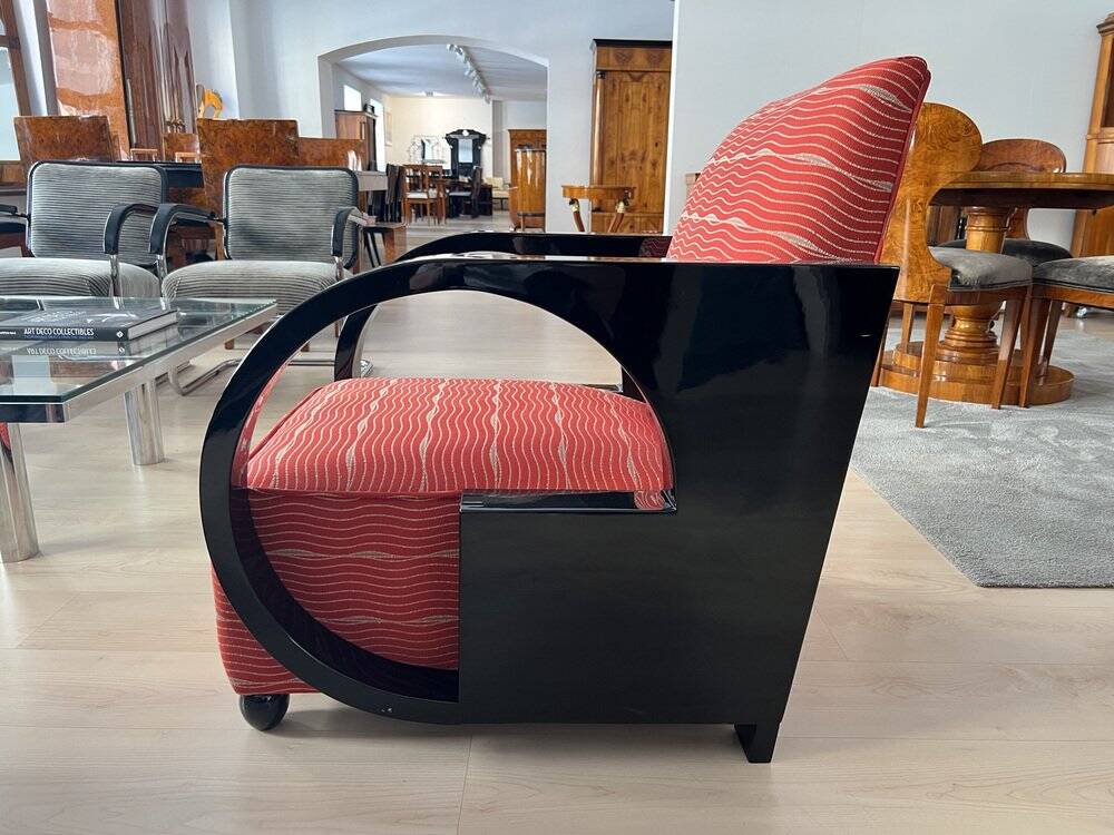 Art Deco Club Chair, Black Lacquer and Red Fabric, France circa 1930