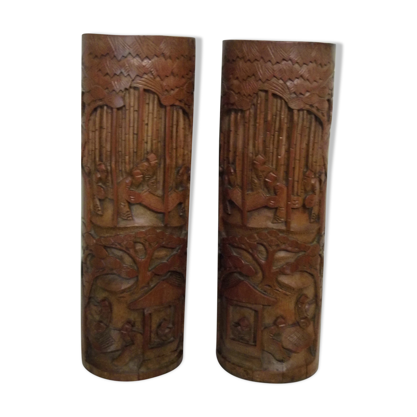 Two carved bamboo pots, pair of brush pots China late 19th early 20th century