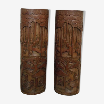 Deux pots en bambou sculpté, paire de pots à pinceaux Chine fin XIX ème début XX ème siècle
