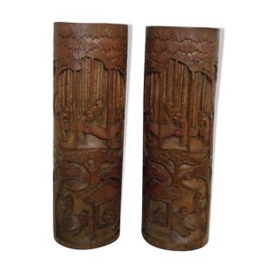 Deux pots en bambou sculpté, paire
