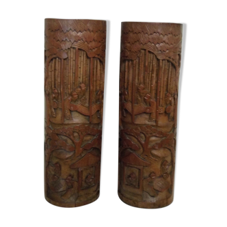 Deux pots en bambou sculpté, paire de pots à pinceaux Chine fin XIX ème début XX ème siècle