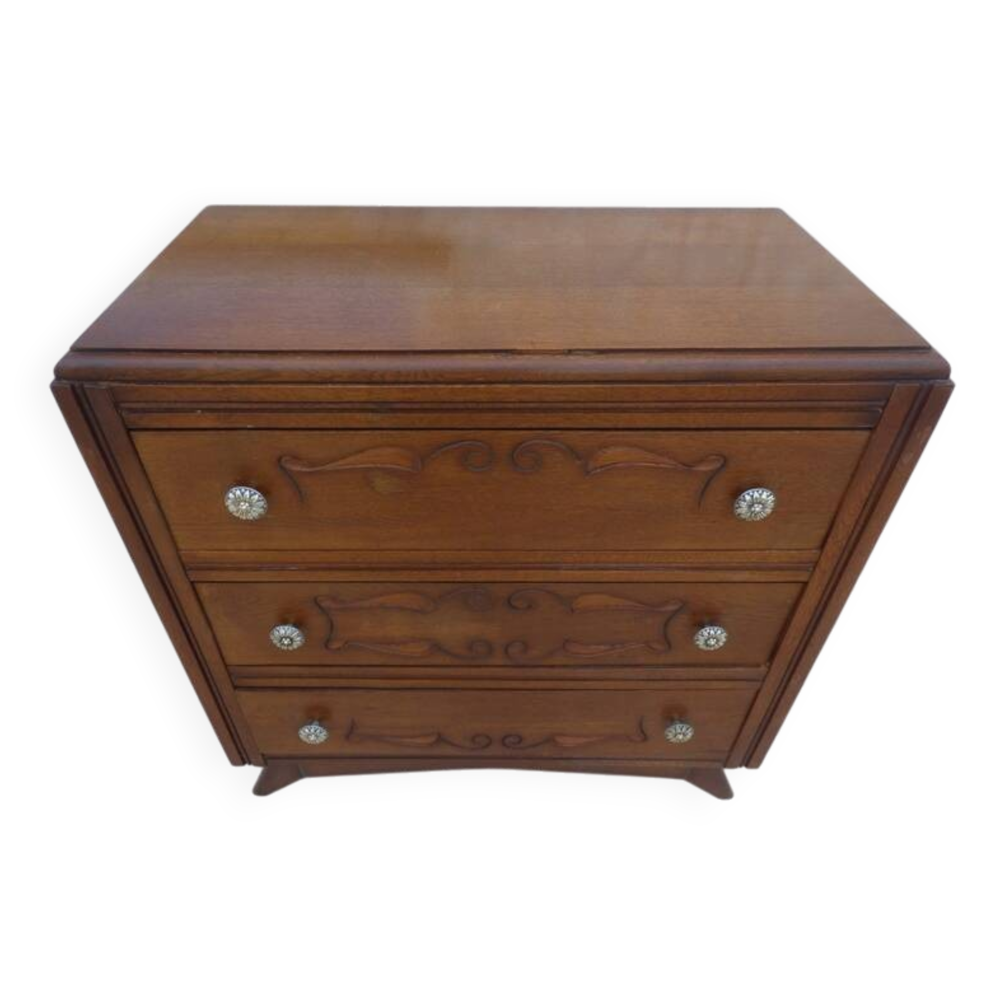 Art Deco chest of drawers with 3 drawers, brass flower handle, solid wood - Very beautiful