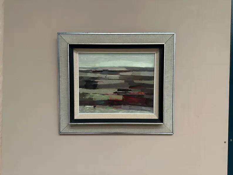 Original Swedish Oil on Panel – “Field Patches” by Evert Färhm (1901–1971) – Signed – 1968 – Vintage & Framed – 61 × 53 cm (24" × 20.9")