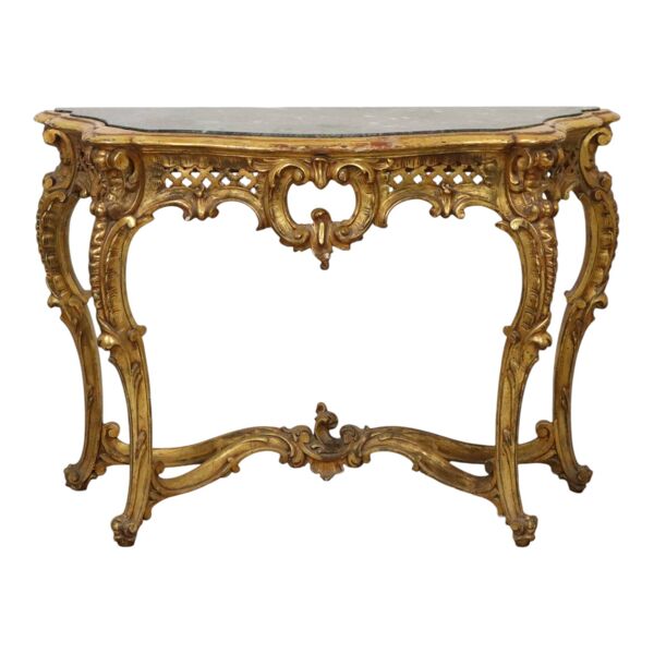 Console de style Louis XV en bois doré à la feuille d'or et marbre.