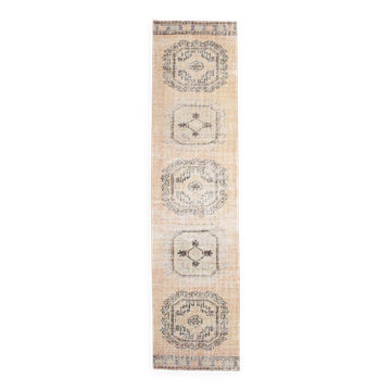 3x12 Beige & Brown Turkish Vintage Runner Rug, Handmade Rugs For Kitchen
