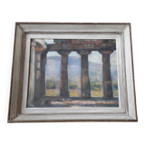 Old painting depicting a landscape with ancient columns