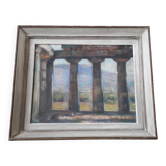 Old painting depicting a landscape with ancient columns