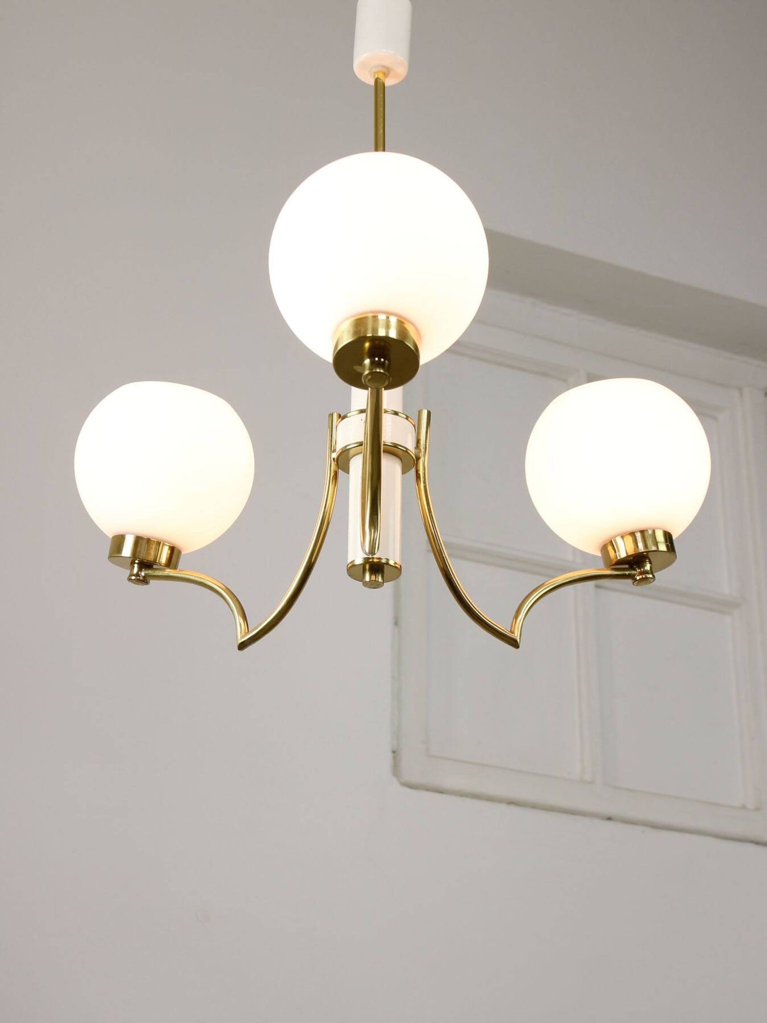 Mid-century Italian Brass and Opaline Chandelier