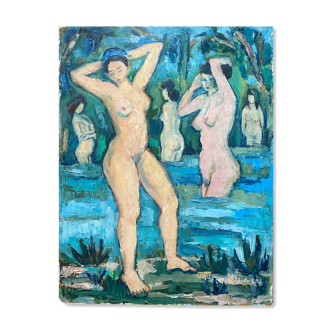 Painting "the bathers" by marcelle guetta-fattal (1922-2009) fauvism cubime