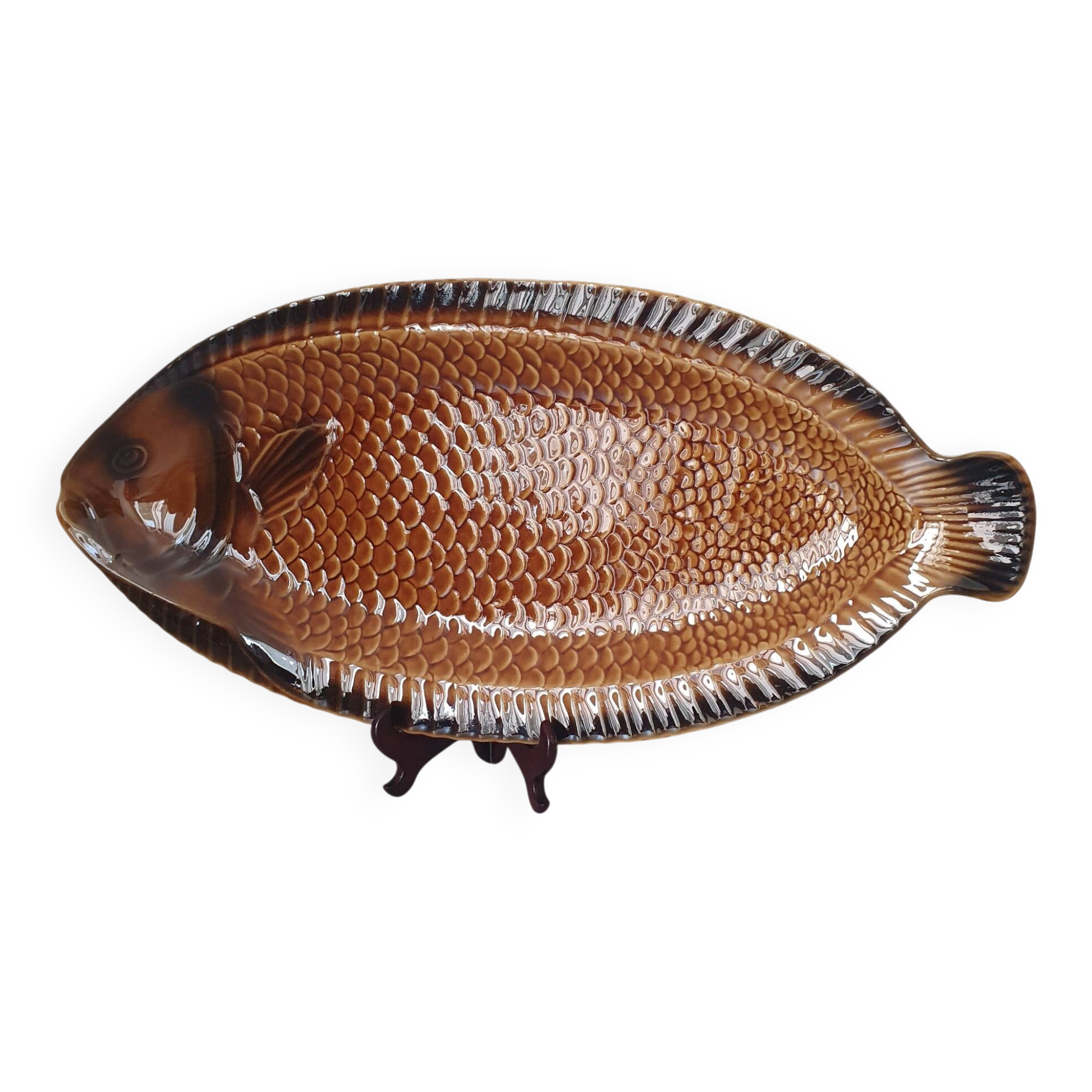 Sarreguemines / Grand plat de service forme poisson en céramique Barbo