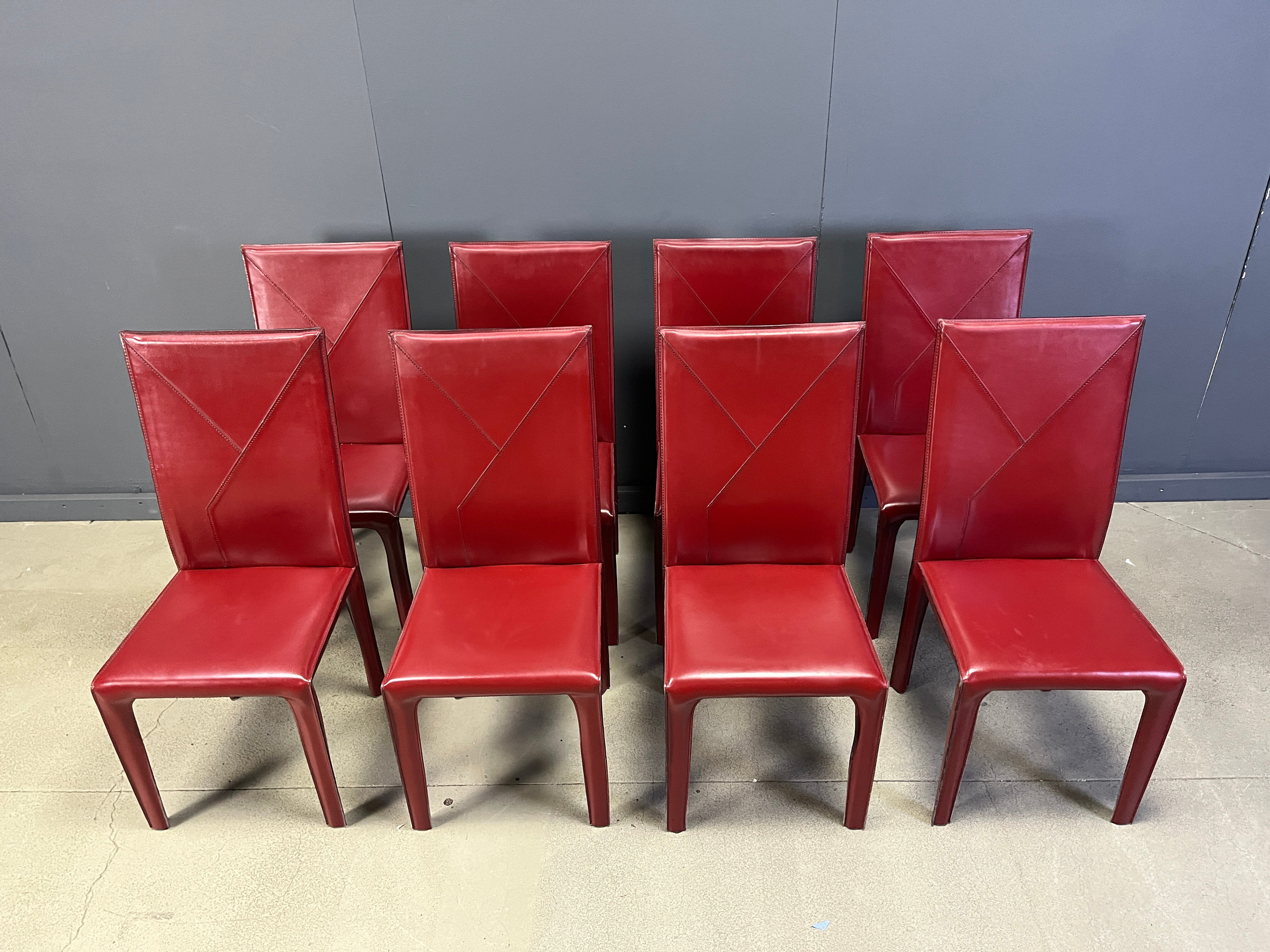 Red leather dining chairs by Roche Bobois France, 1980s - set of 8
