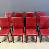 Red leather dining chairs by Roche Bobois France, 1980s - set of 8