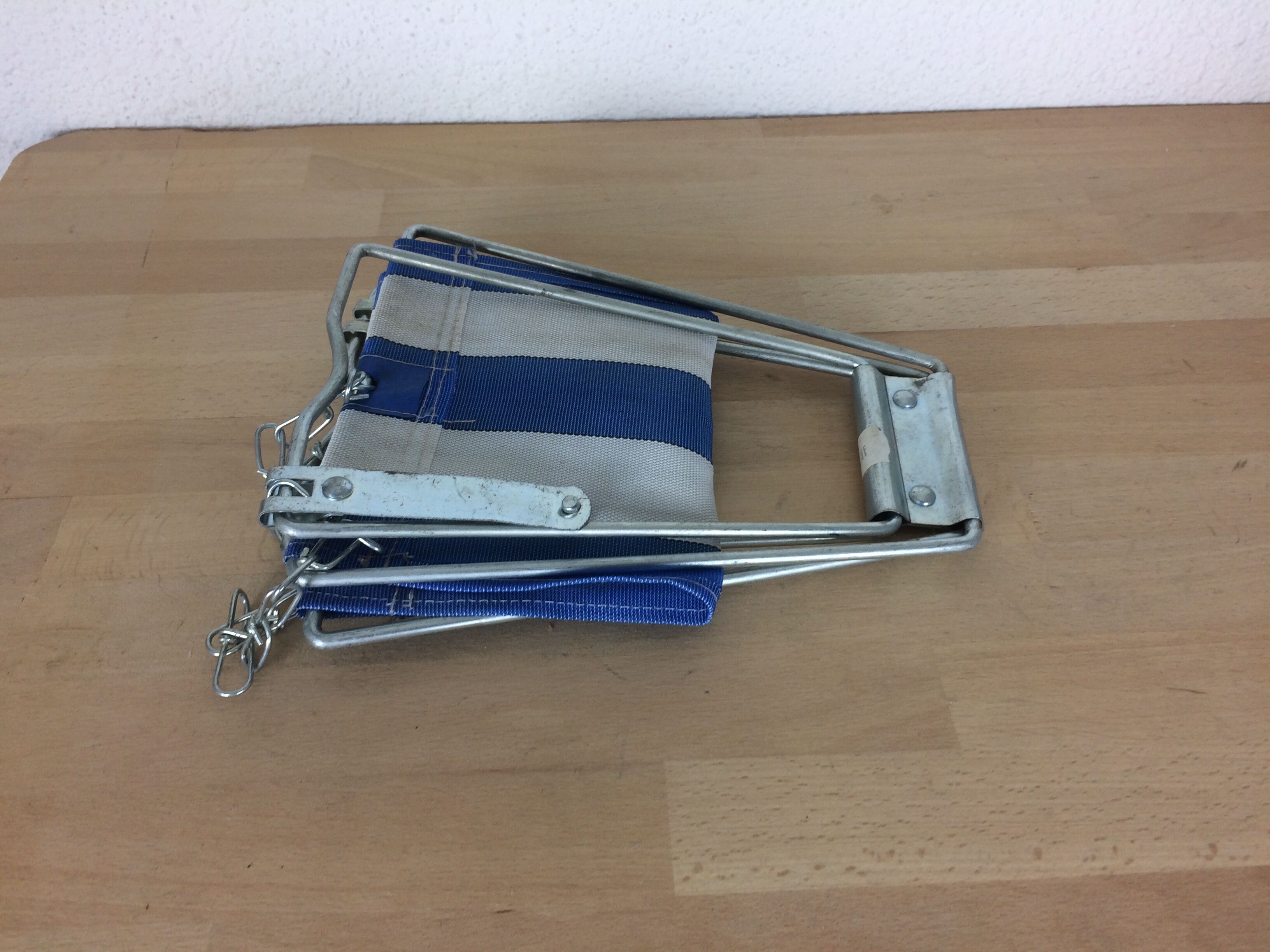 Blue and white folding camping stool, 50s