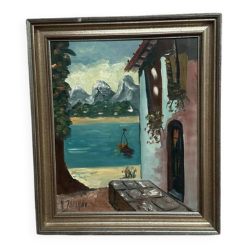 Huile sur toile "Au bord du lac" par Hartvig Jarlhov, vintage et encadrée 48×56cm