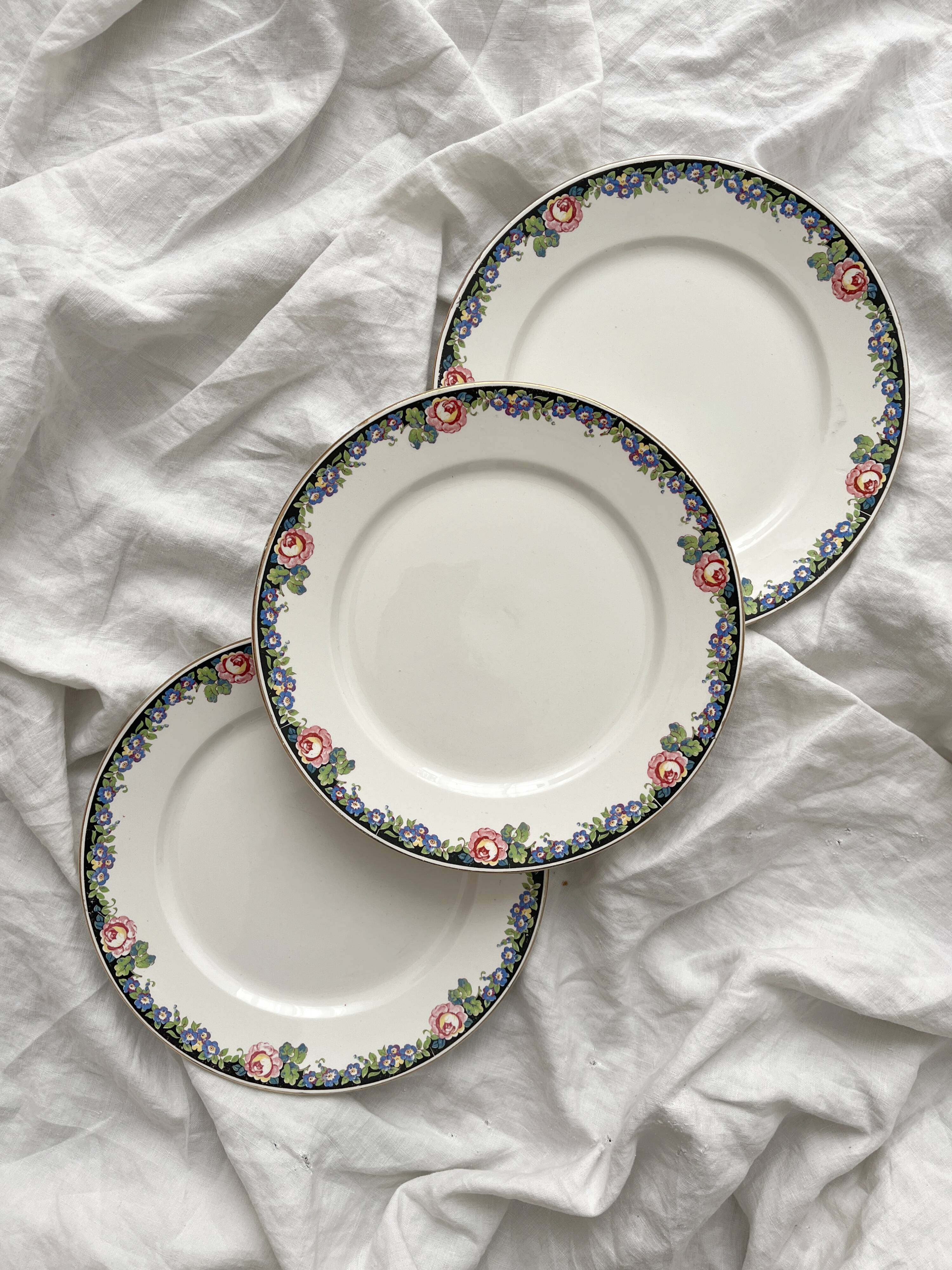 3 vintage black floral frieze dessert plates from Digoin and Sarreguemines