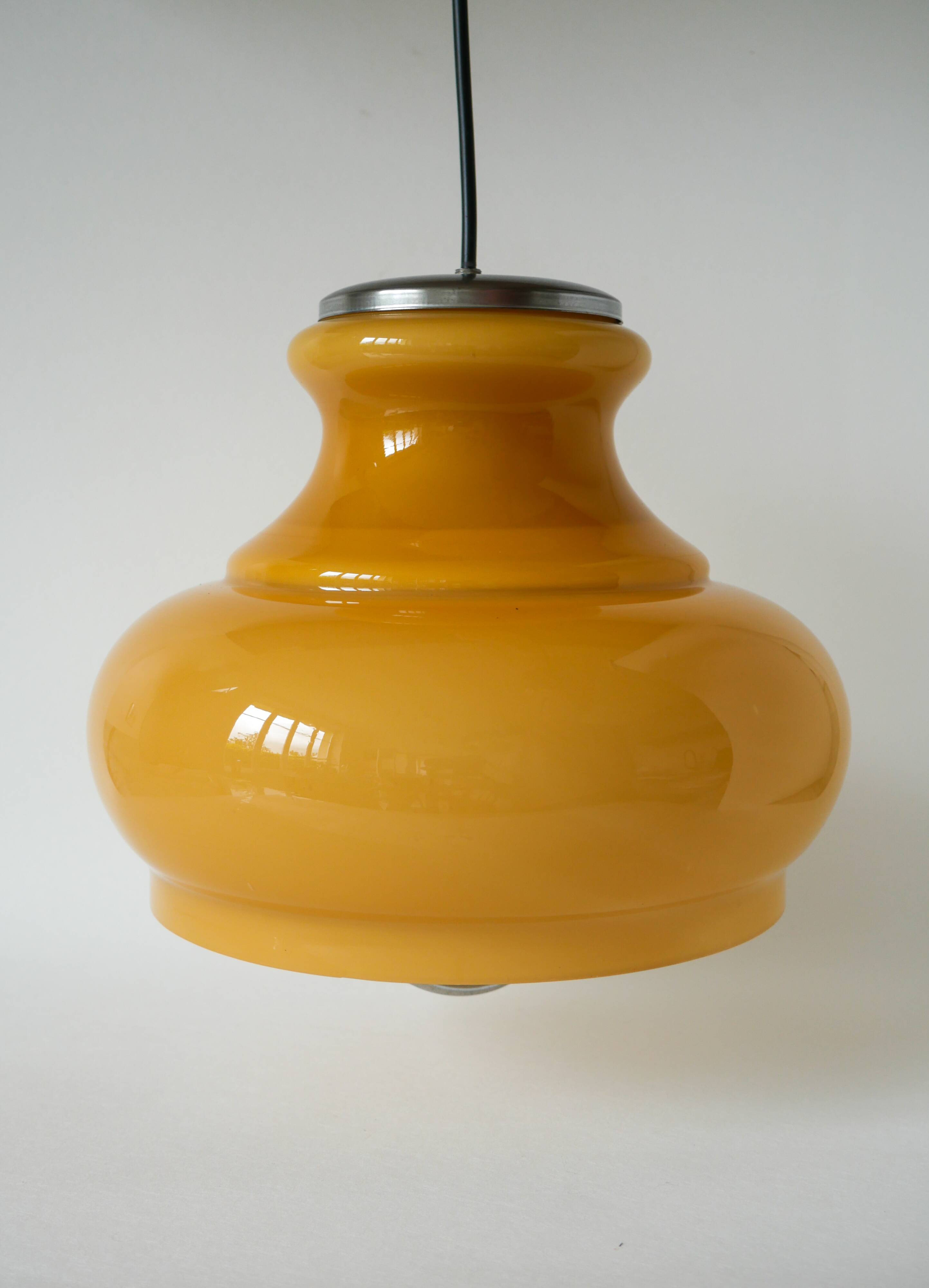 Yellow opaline pendant light with metal arc, Design, 1970