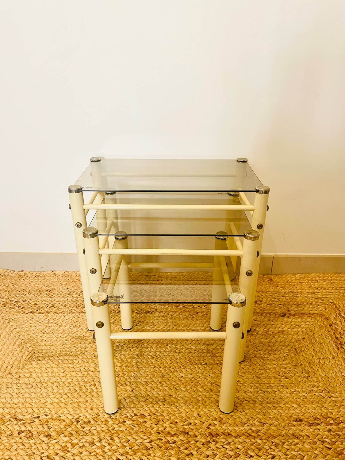 Glass nesting tables Yves Boutboul design 70s Signed