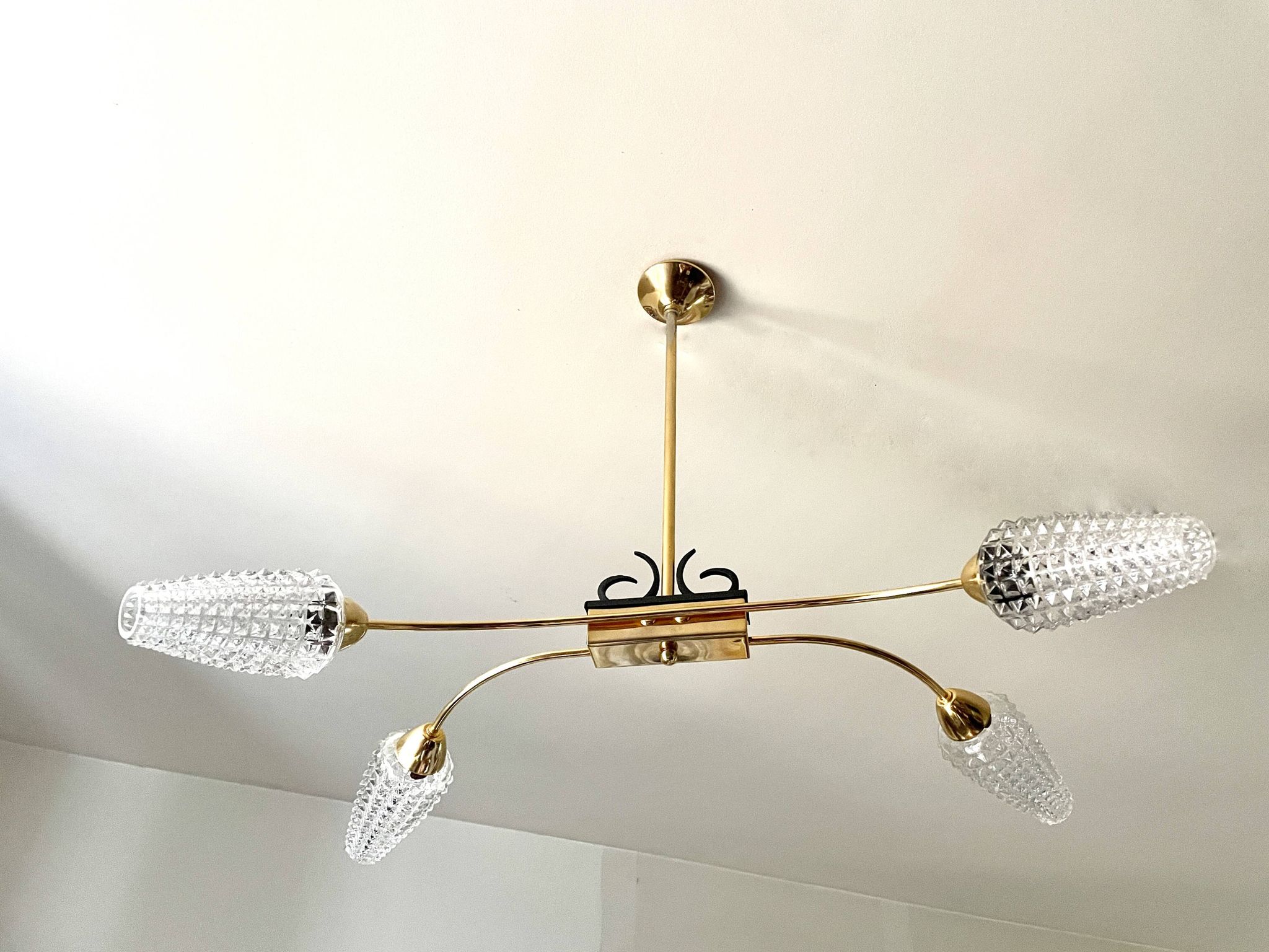 Golden brass chandelier with 4 tulips Arlus 1950