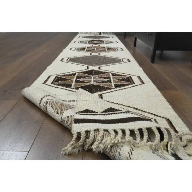 1970s Vintage Turkish Hand-Knotted Wool Cotton Beige Runner Rug 81x388