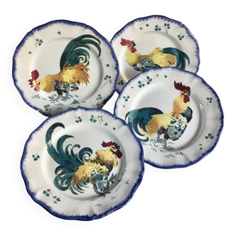 4 assiettes plates Les Coqs Luneville 4 différents coqs