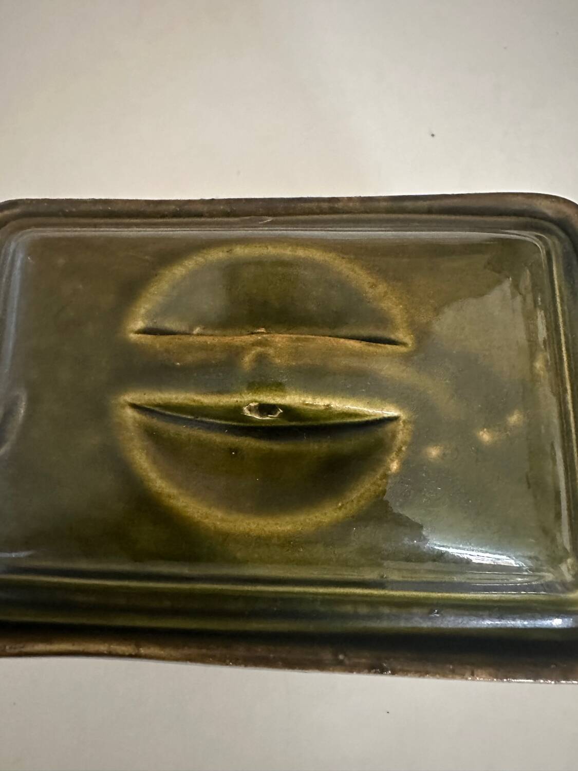 Vintage green majolica butter dish