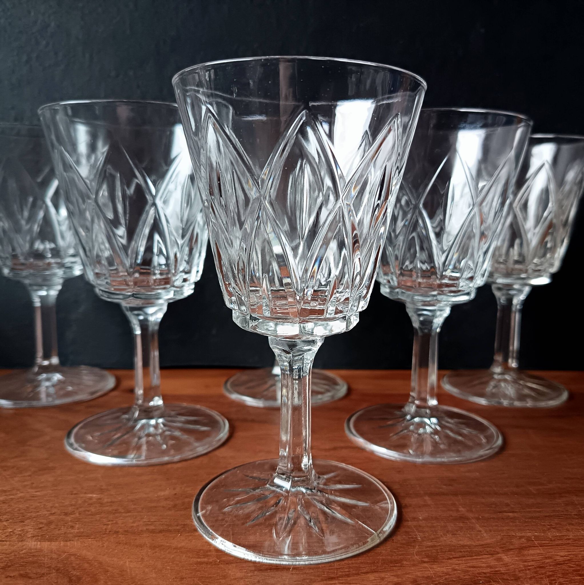 6 large champagne glasses vmc reims "champagne" pattern vintage france
