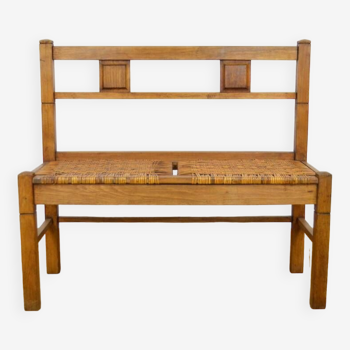 Banc 2 places en bois & cannage 1940 / 1950