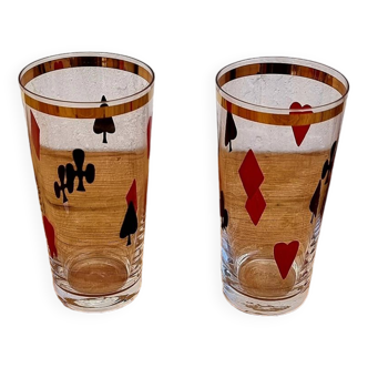 2 vintage card game pattern glasses