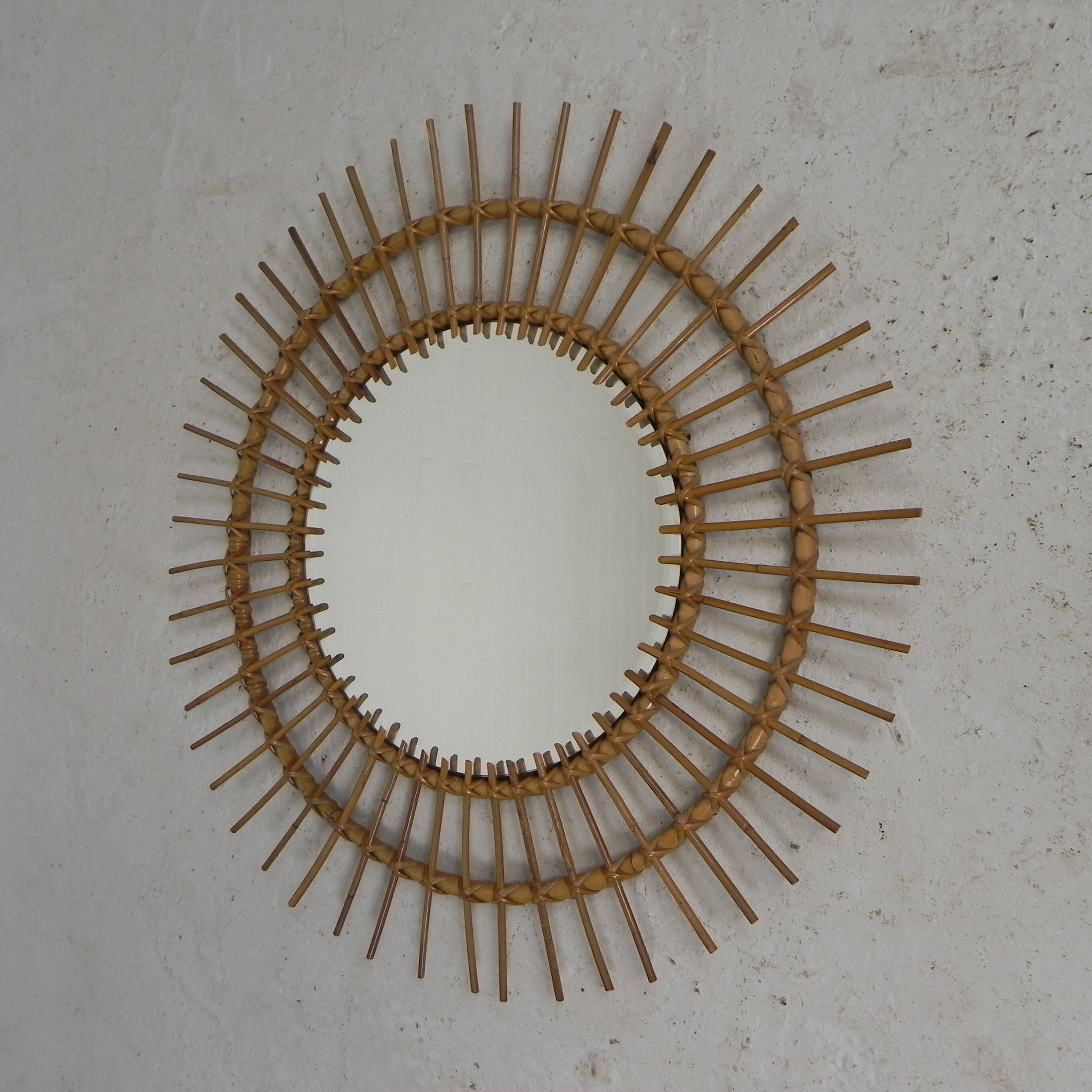 Vintage round bamboo mirror with faceted glass, 1950s
