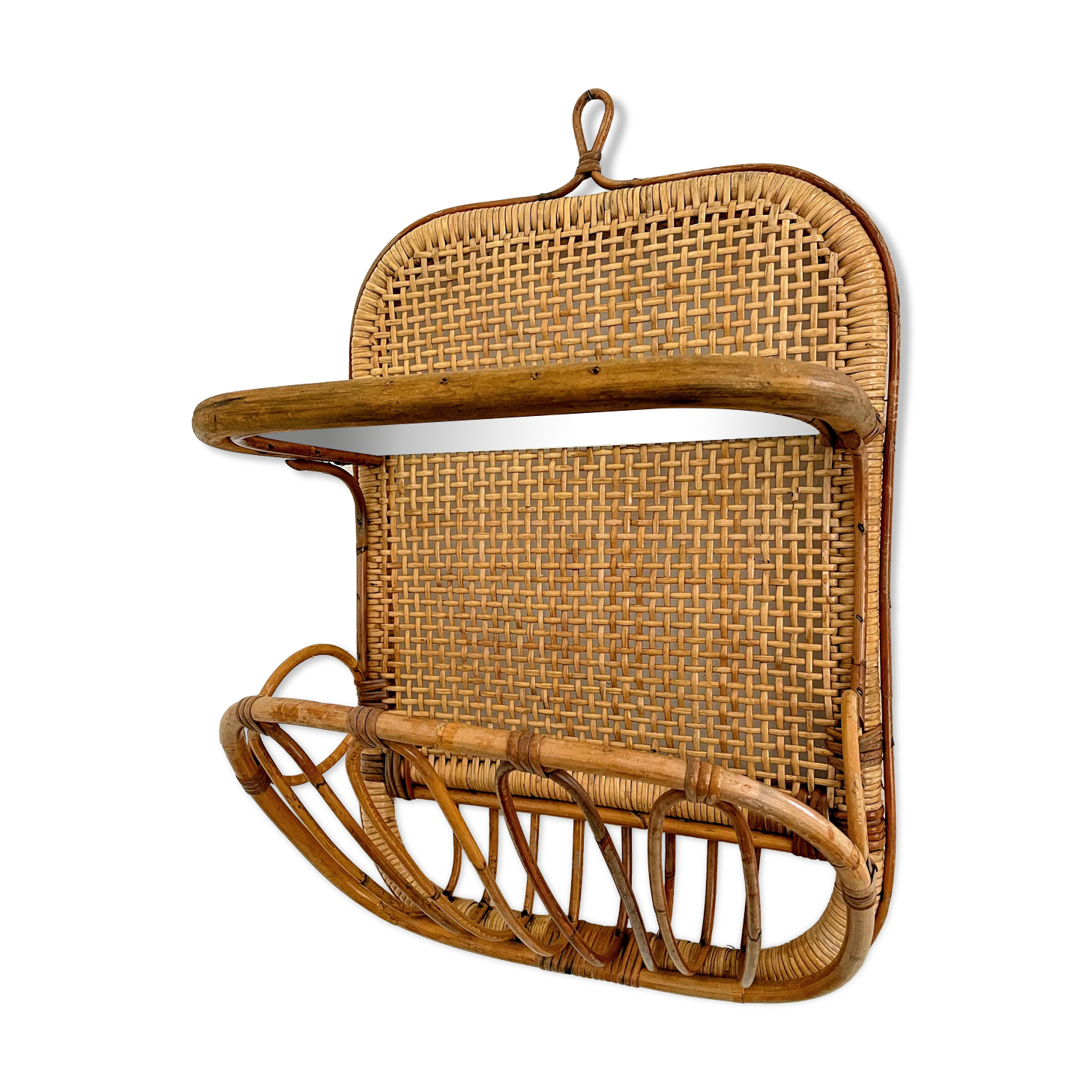 Mid-century bamboo and glass shelf with magazine stand, circa 1960, italy