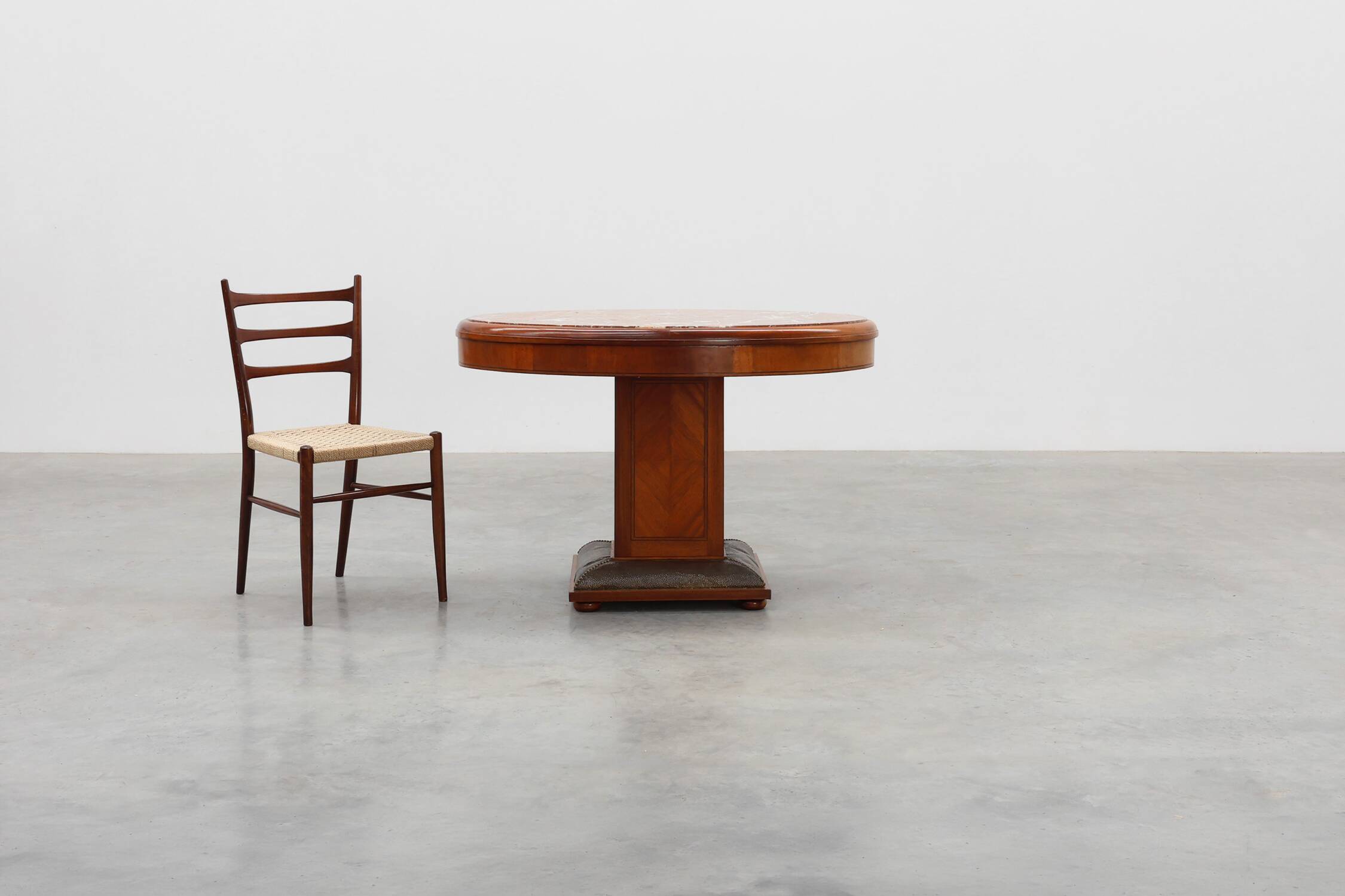 Oval Art Deco Side Table in Walnut with Marble Top by De Coene, Belgium