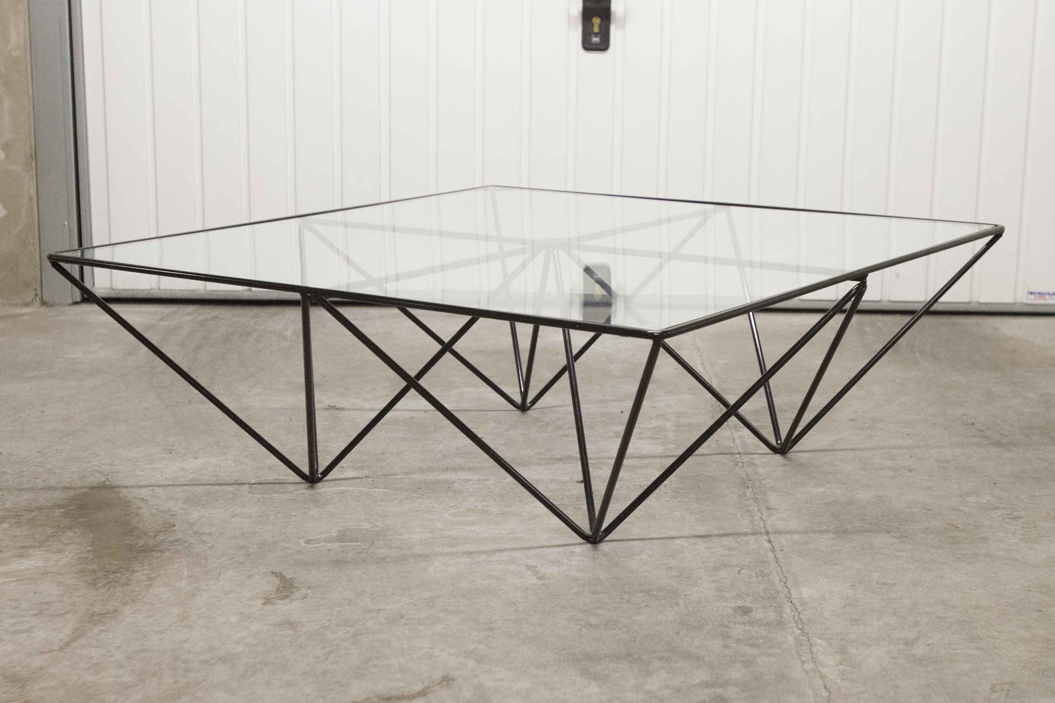 Square coffee table in glass and black satin metal 1980