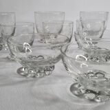 Set of Art Deco style engraved crystal bowls and glasses on spherical feet