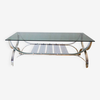 Table basse rectangulaire en verre fumé et chrome double plateaux Design 1970