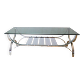 Table basse rectangulaire en verre fumé et chrome double plateaux Design 1970